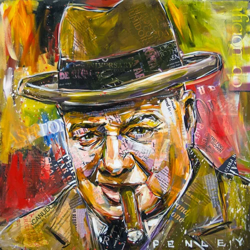 Steve Penley Churchill acrylic & collage on canvas 24 x 24 inches 5800.