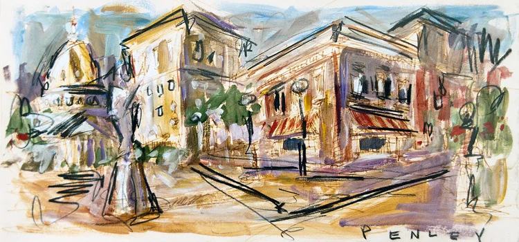 Steve Penley Downtown acrylic & pastels on paper 15 x 7 inches 20 x 13 inches framed 2000. framed