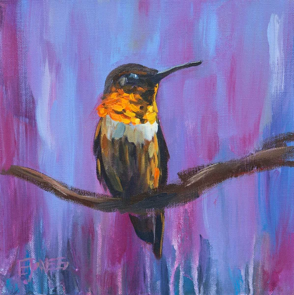 Hummingbird On Purple<br>acrylic on canvas<br>10 x 10 inches