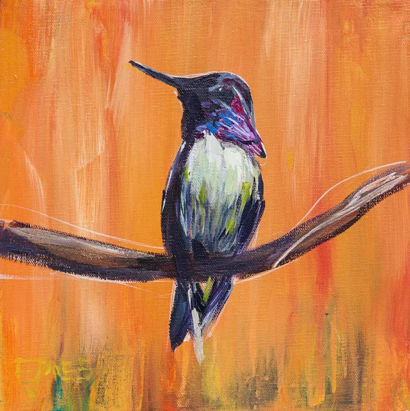 Hummingbird On Orange<br>acrylic on canvas<br>10 x 10 inches