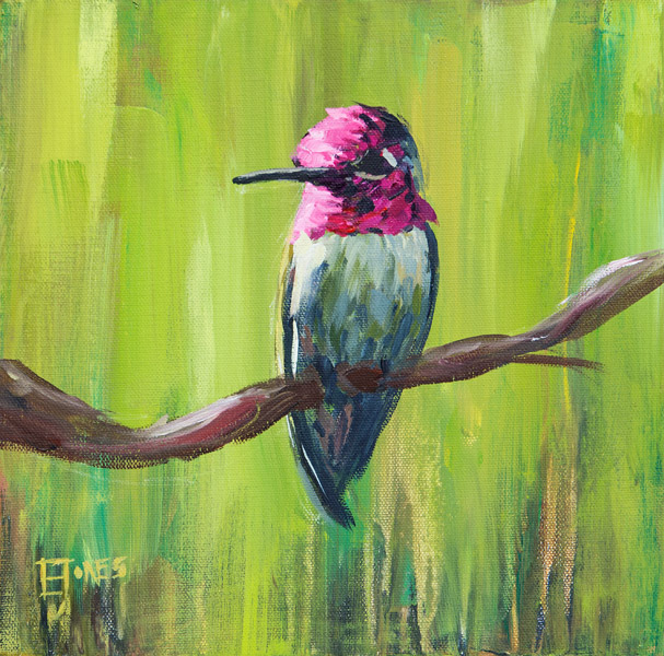 Hummingbird On Green<br>acrylic on canvas<br>18 x 18 inches