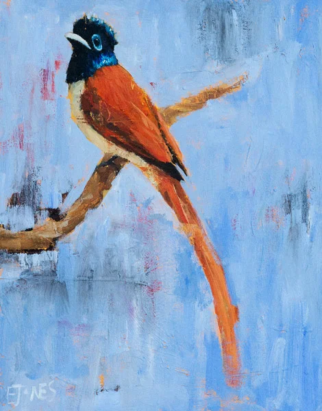 Bird On Blue<br>acrylic on canvas<br>22 x 28 inches