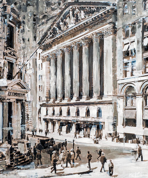 Plaid Columns Vintage Wall Street mixed media on panel 36 x 30 inches