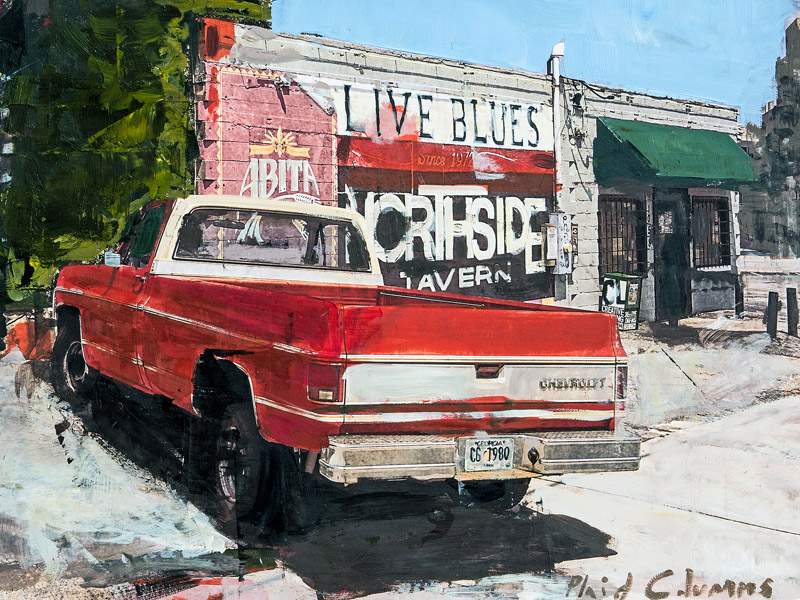 PLAID COLUMNS Northside Tavern mixed media on panel 12 x 16 inches