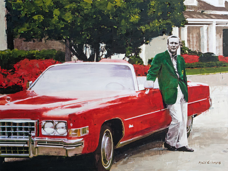 Arnold Palmer at The Masters<br>mixed media on panel<br>30 x 40 inches