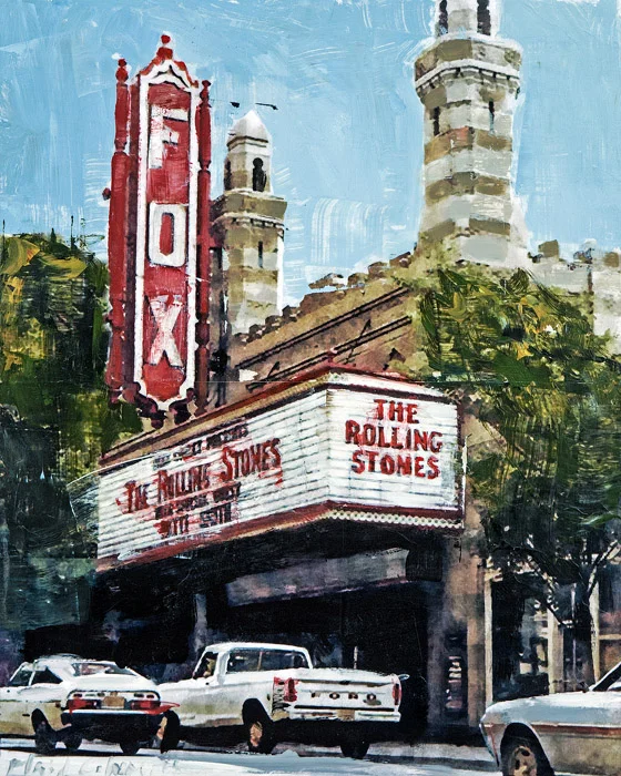 Rolling Stones at The Fox<br>mixed media on panel<br>20 x 16 inches