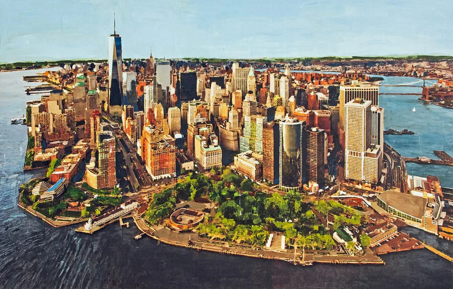 Manhattan<br>mixed media on panel<br>46 x 72 inches