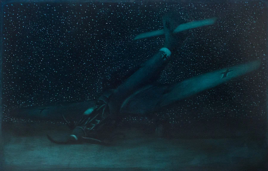 Evan Jones Nocturne With Stuka oil on canva 30 x 47 inches