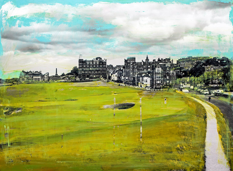 PLAID COLUMNS The Old Course mixed media on panel 22 x 30 inches