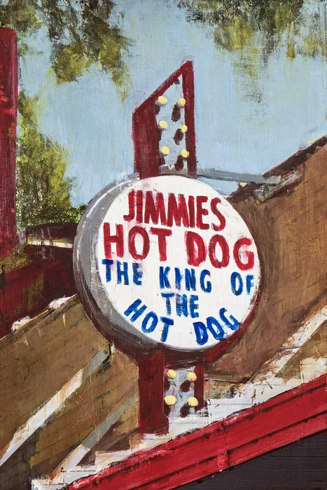 PLAID COLUMNS Jimmies Hot Dog mixed media on panel 18 x 12 inches