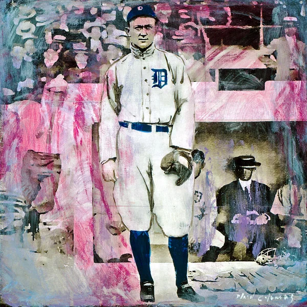 PLAID COLUMNS Ty Cobb mixed media on panel 18 x 18 inches