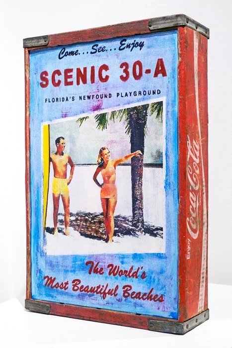 Plaid Columns Scenic 30-A (Red) mixed media on coca-cola crate 18 x 13 inches