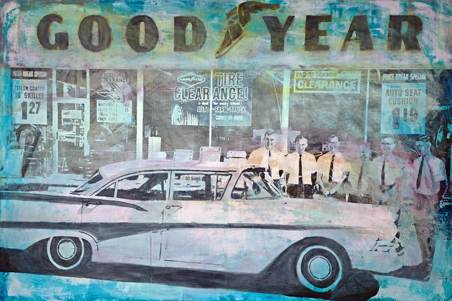 PLAID COLUMNS Goodyear mixed media on panel 32 x 48 inches
