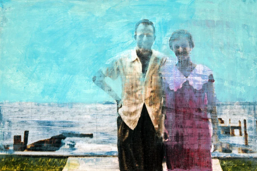 Plaid Columns Eugene & Eugenia Honeymoon, 1955 mixed media on panel 24 x 36 inches