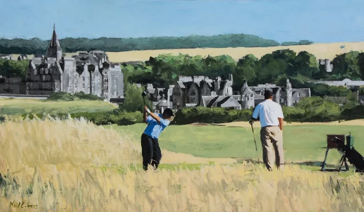 PLAID COLUMNS Steve & Mark in St Andrews mixed media on panel 36 x 60 inches