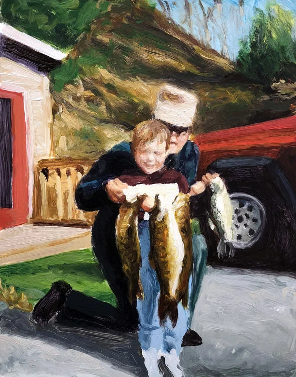EVAN JONES Grandpa, Me & Fish acrylic on paper 14 x 11 inches