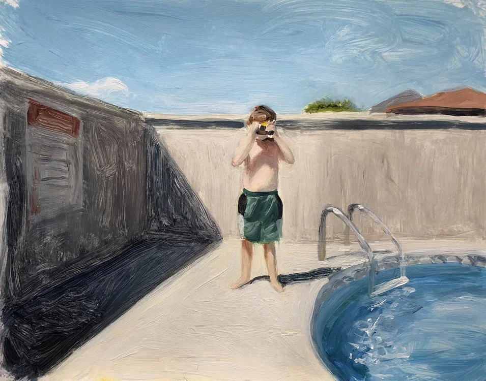 EVAN JONES Self-Portrait By The Pool acrylic on paper 11 x 14 inches