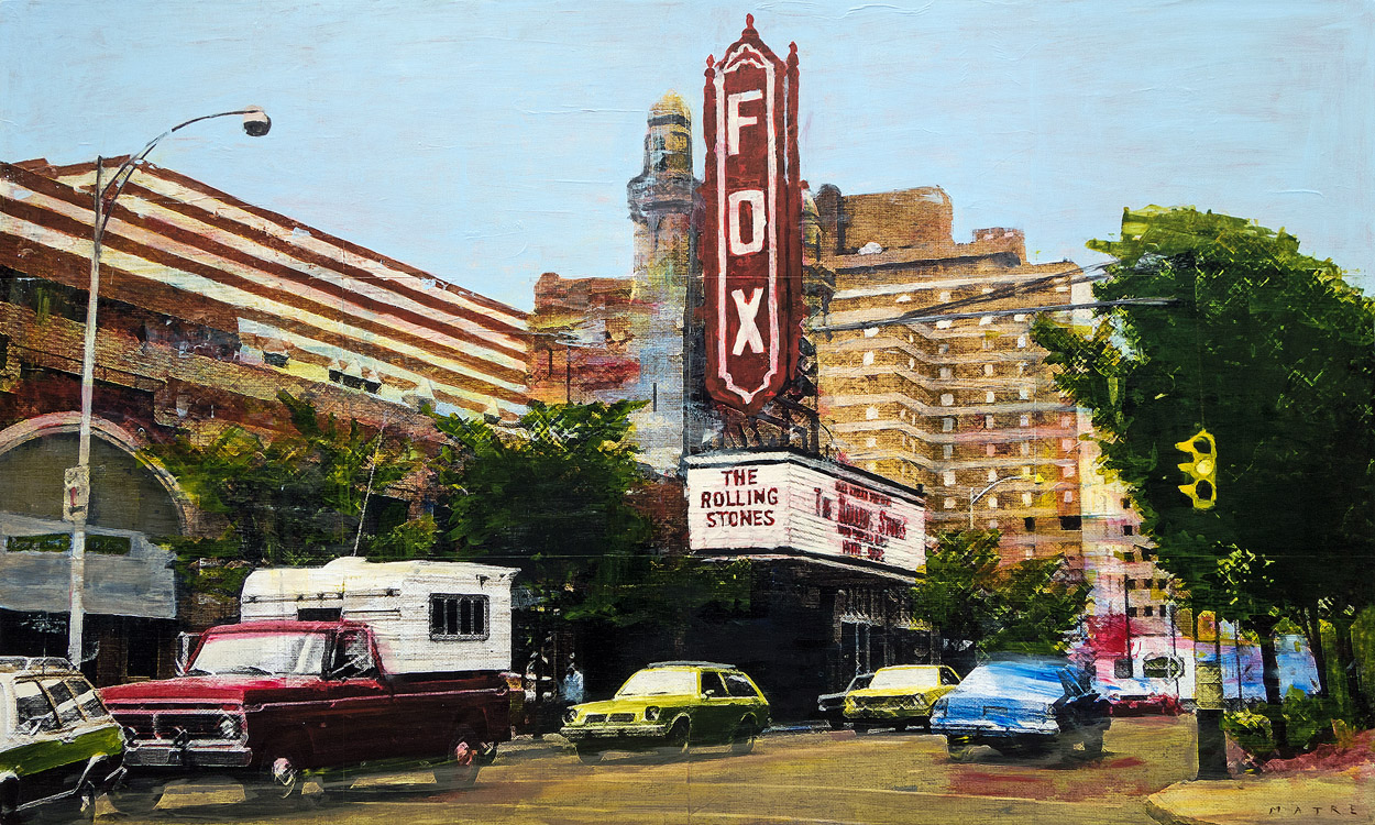 PLAID COLUMNS Rolling Stomes at The Fox mixed media on panel 36 x 60 inches