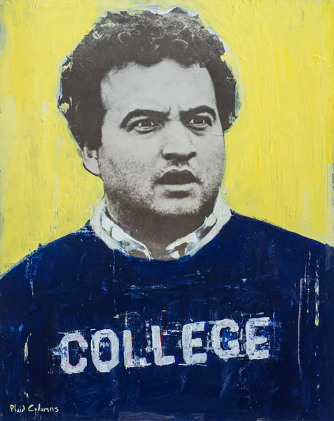 PLAID COLUMNS John Belushi mixed media on panel 28 x 22 inches (SOLD)
