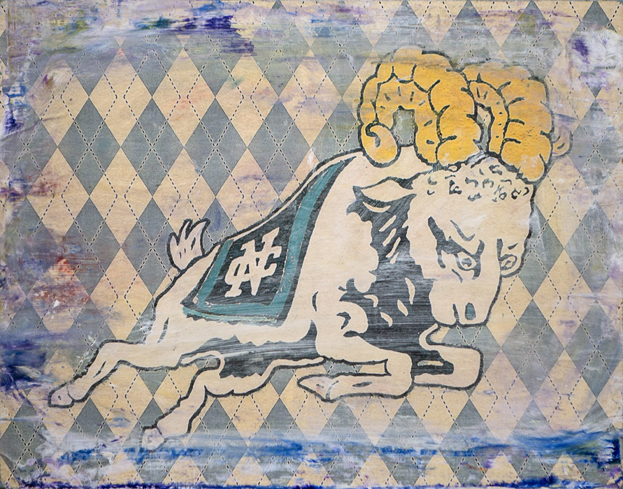PLAID COLUMNS Vintage Ram mixed media on panel 11 x 14 inches