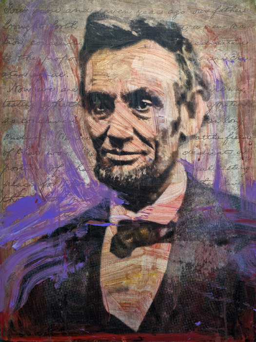 PLAID COLUMNS Lincoln mixed media on canvas 16 x 12 inches