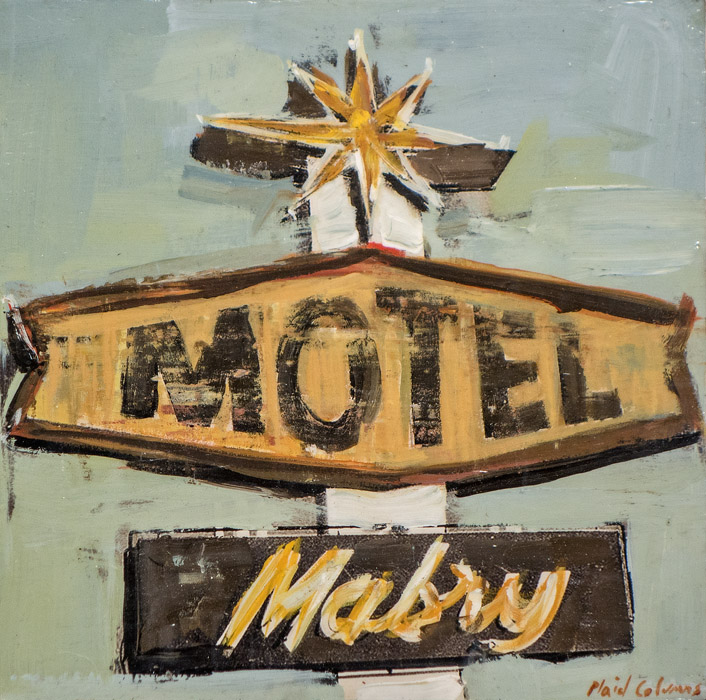 PLAID COLUMNS Motel mixed media on panel 10 x 10 inches