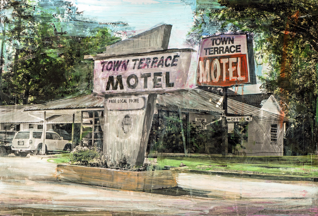Plaid Columns Town Terrace, 2020 mixed media on paper 15 x 22 inches