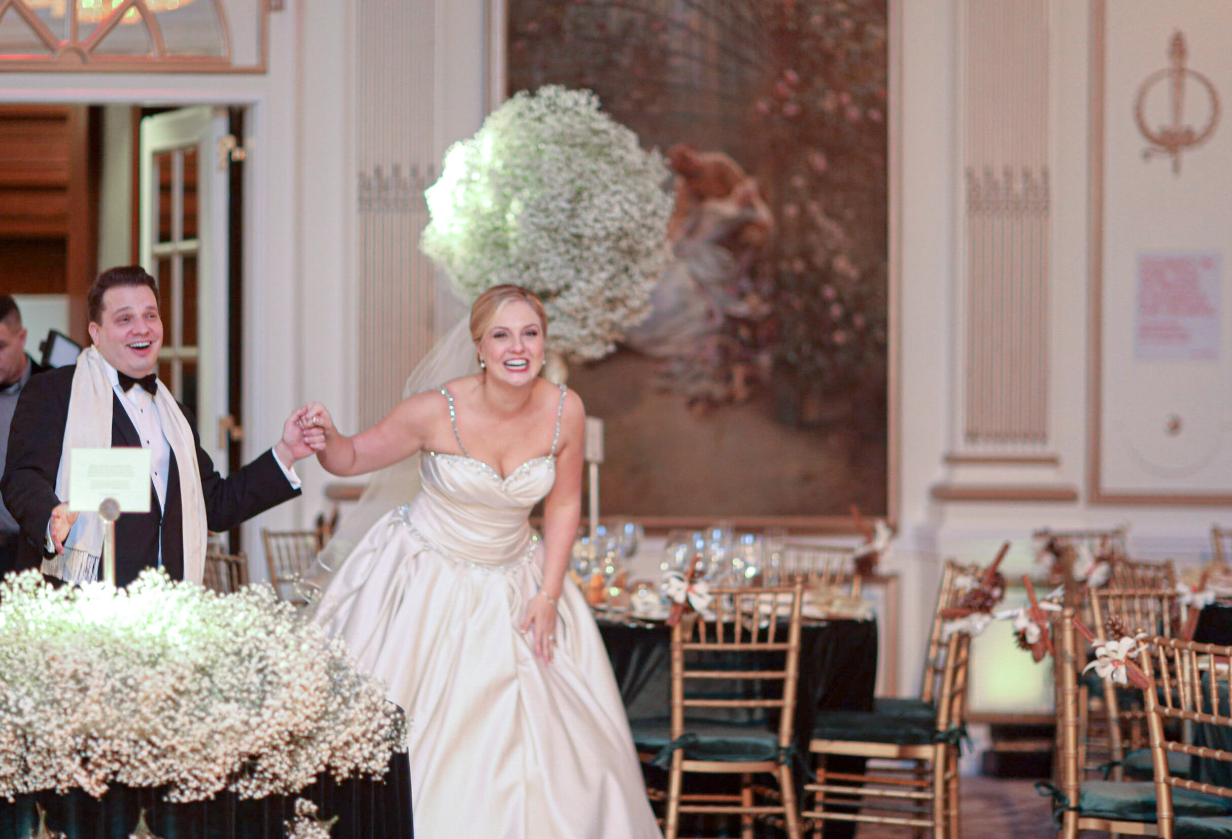 Bride and Groom see their wedding reception decor for the first time 