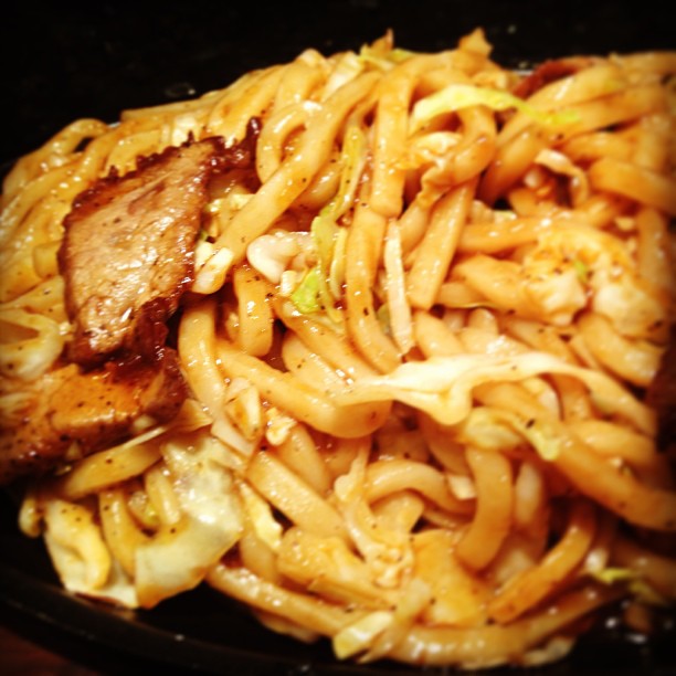 Mikimoto's beloved off-menu, Beef Yakiudon. Come try this tangy dish! #mikimotosushi #nola #sushi #beef #yakiudon