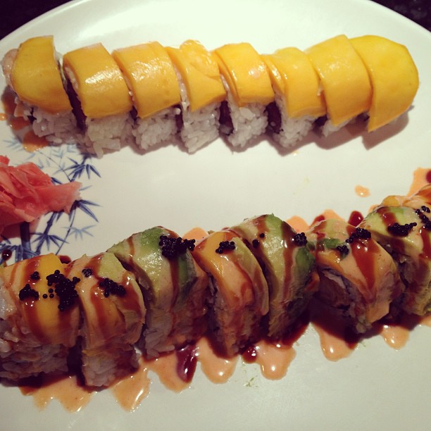 Our Mango Mania and Paradise Rolls are perfect to cool you down this summer! #refreshing #avocado #mango #blacktobiko #coconutshrimp #freshsalmon