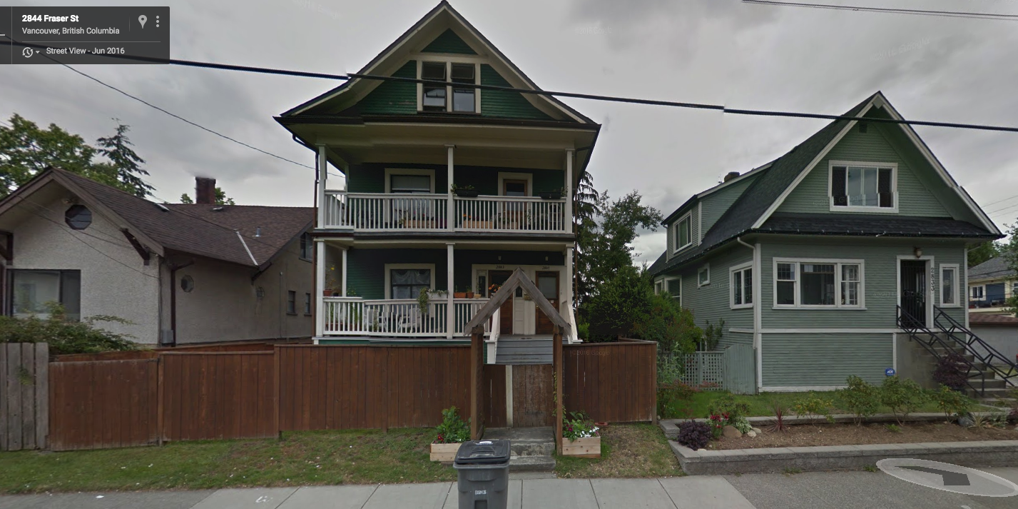Vancouver Plus at Fraser and 12th with two entry doors and two balconies facing the street. The house to the right exemplifies the 'single family' housing form that is allowed in RS zones. Image source: Google Street View