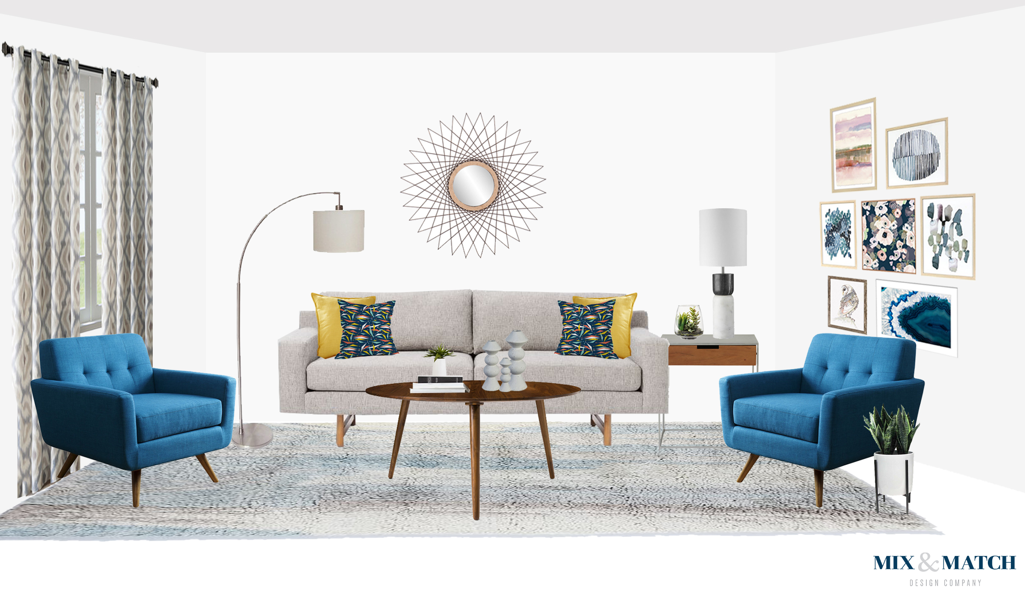 This client was looking for a more modern, brighter look for her lower level living space. The blue accent chairs are such a fun touch.