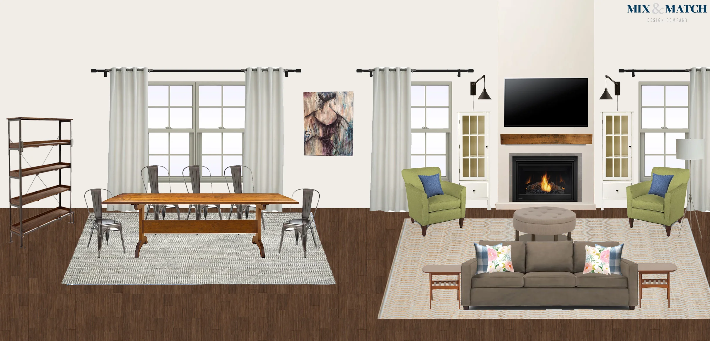 Here's an example of a finishing touches package for a family of four's living/dining area. They were transitioning from a smaller apartment to a new build house, and their main dilemmas were figuring out how to arrange furniture in a large, open concept space, pull together a consistent look, and keep it all kid-friendly.
