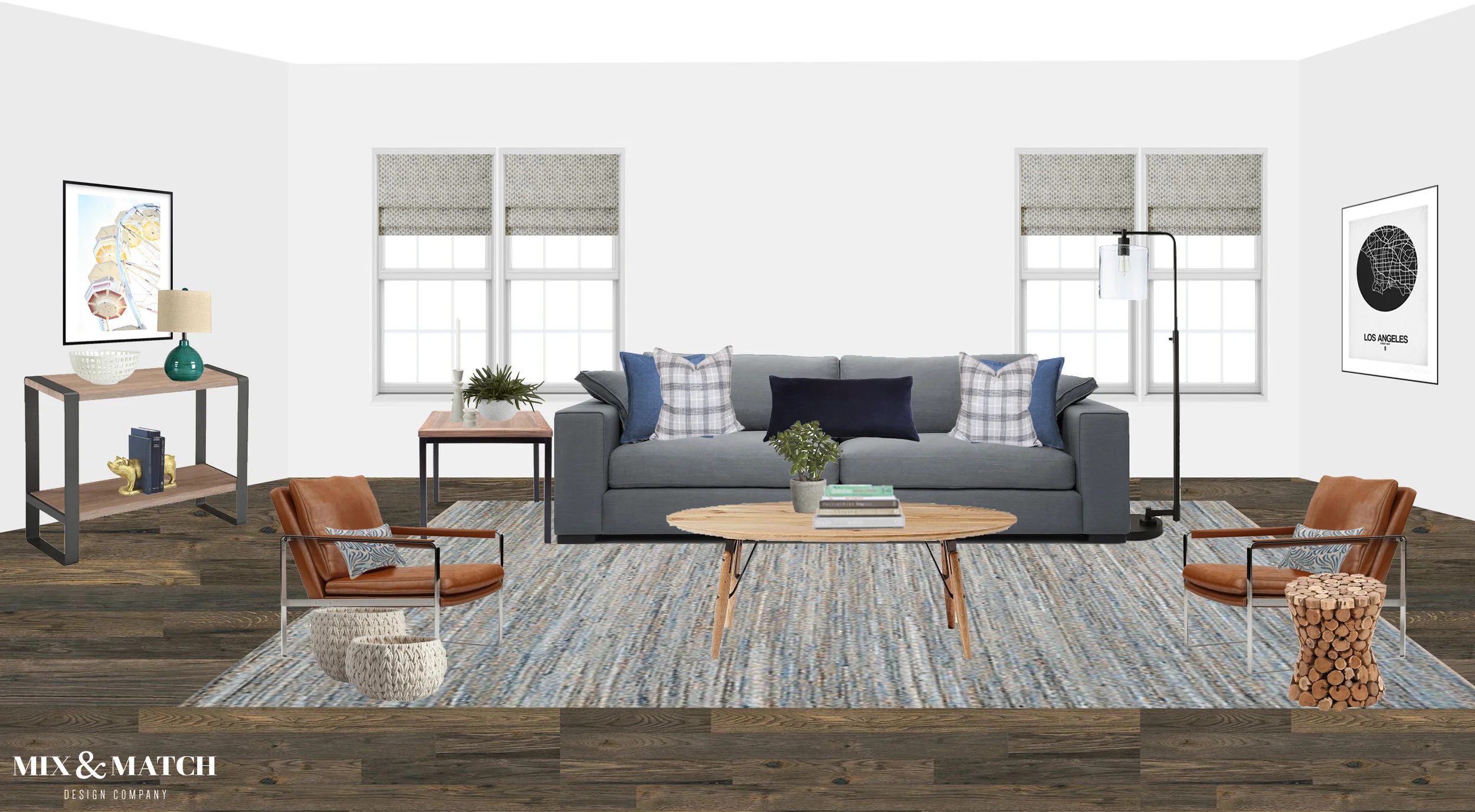 E-design plan for modern industrial living room.