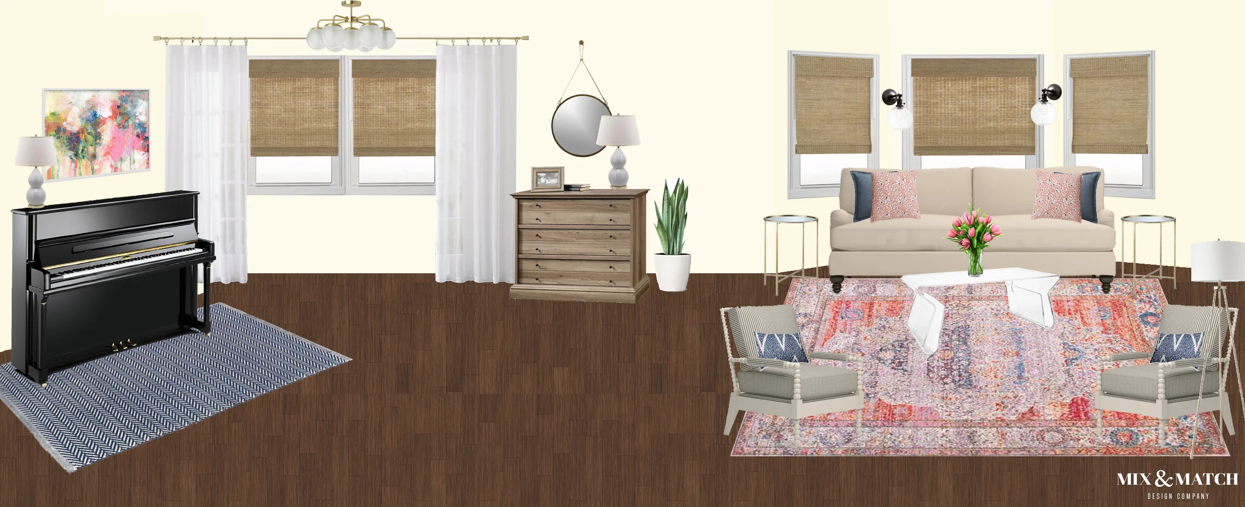This formal living room had a tricky floor plan that needed defined areas for different uses. We created a sitting area and a piano area that work well together to form one cohesive look, but that can function independently of one another.