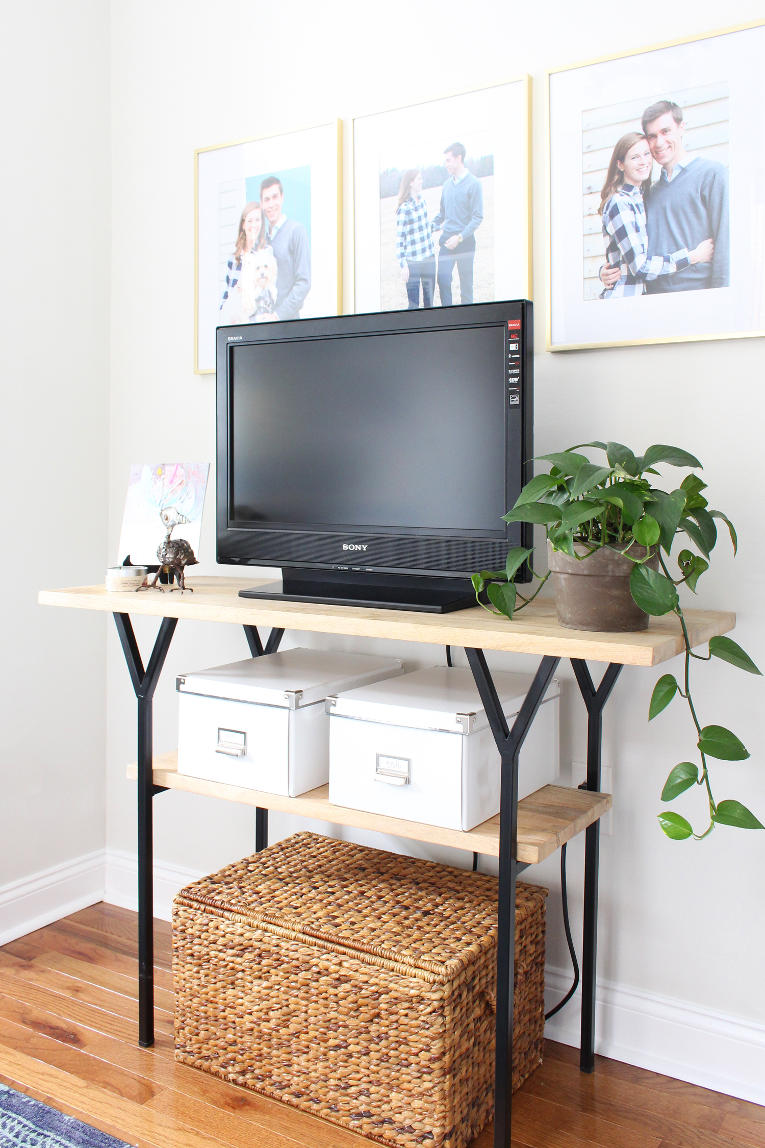 Styling a console table as a media stand in Mix & Match Design Company's home office.
