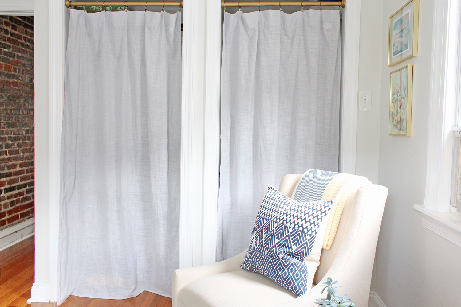 Creative closet solution: use curtains instead of bifold doors.