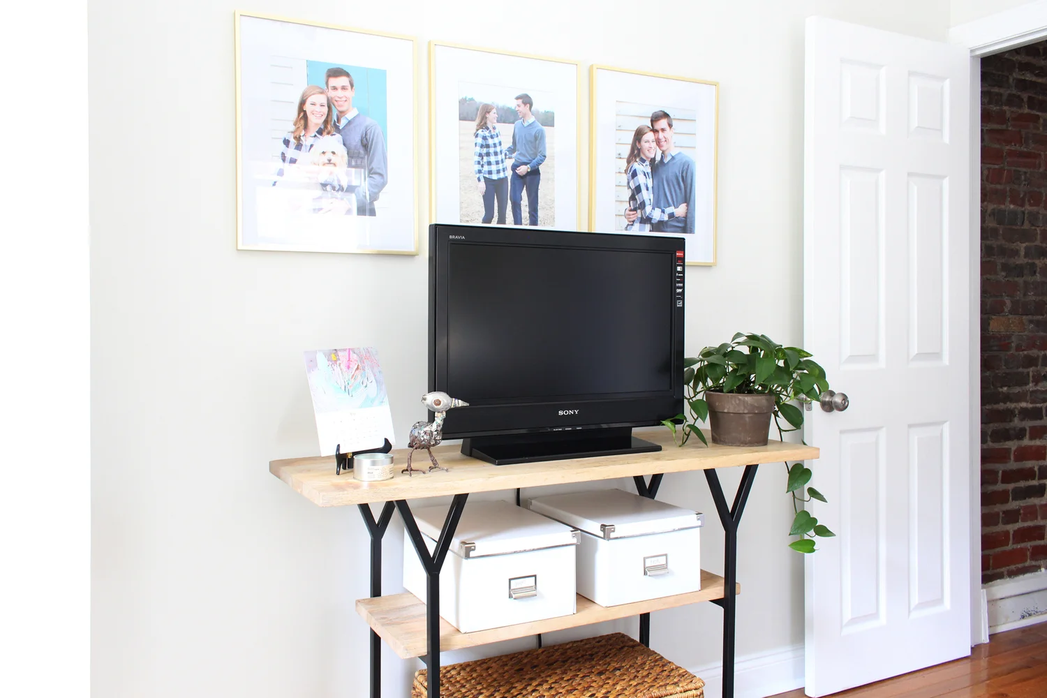 TV console styled with framed photos, a pretty green plant, and small storage boxes.