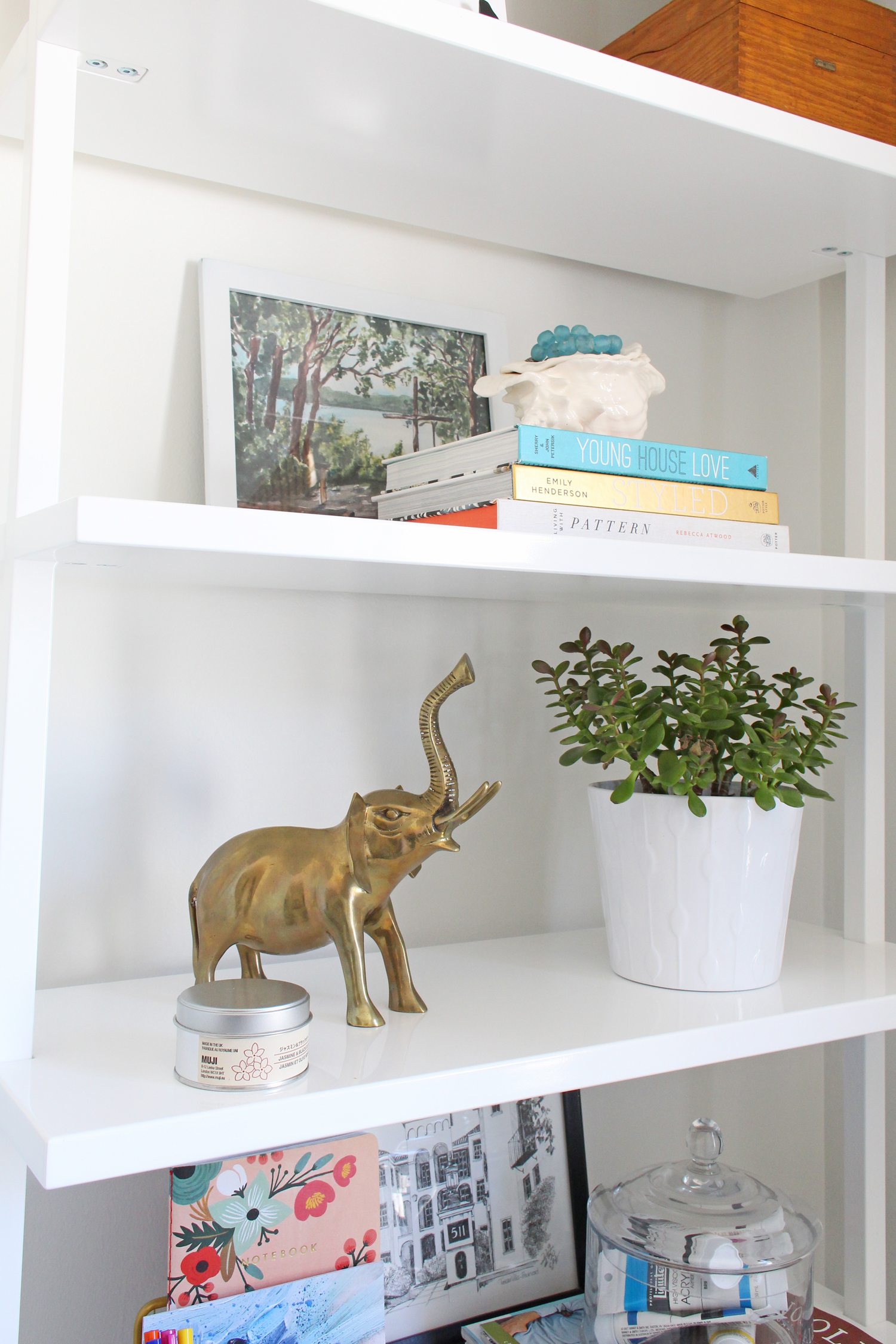 Vintage brass elephant and a jade plant on bookshelf.