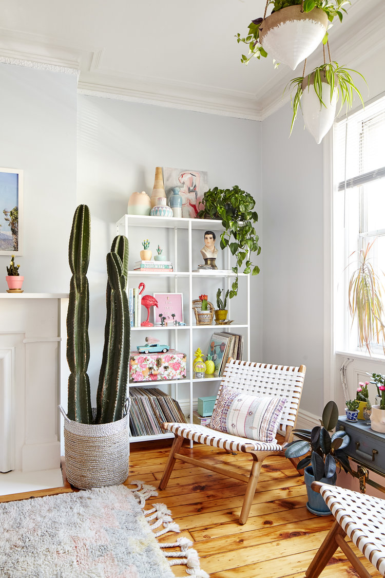 Eclectic, plant-filled living room designed by Michelle Gage for Arsenic Lace.