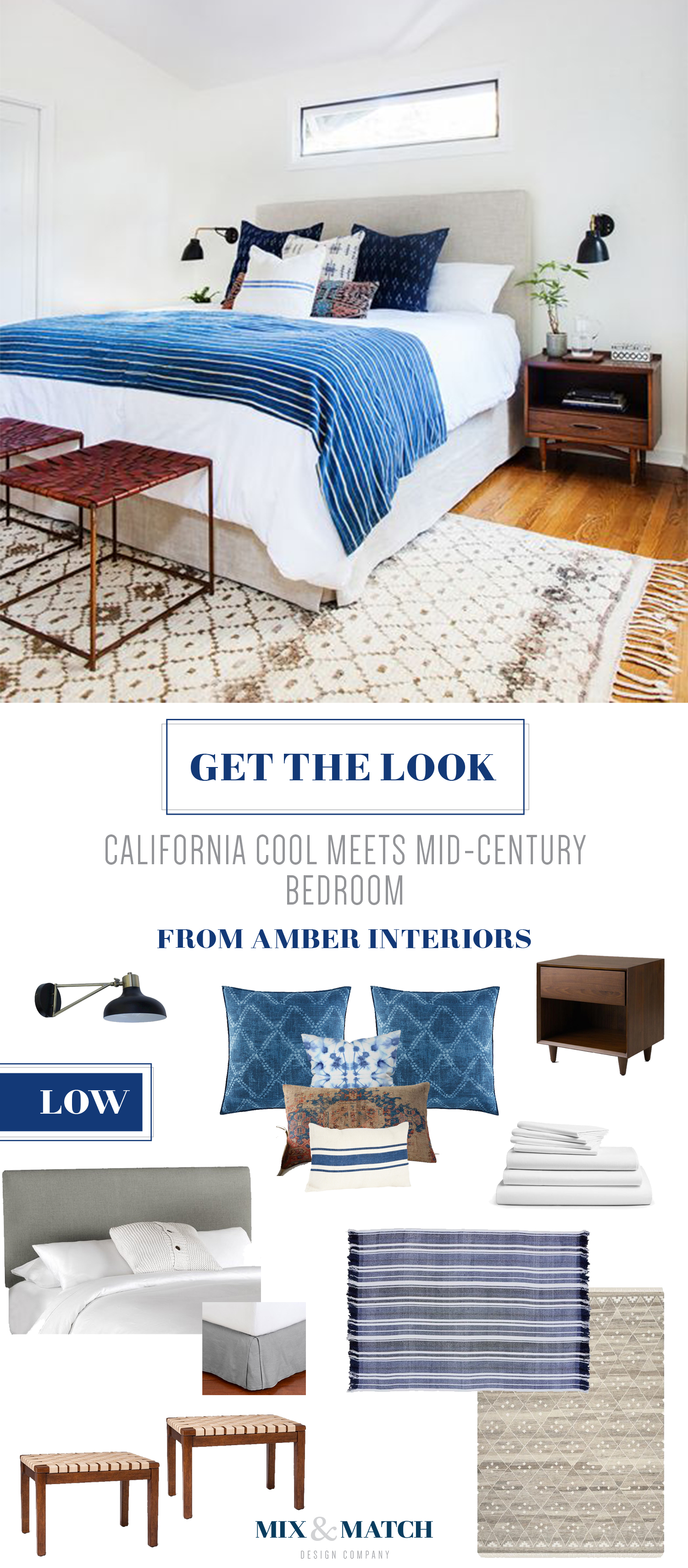 Get the look of this California cool meets mid-century bedroom from Amber Interiors. Indigo, shibori and neutrals come together to create a cozy space. Shop the pieces on the Mix & Match blog!