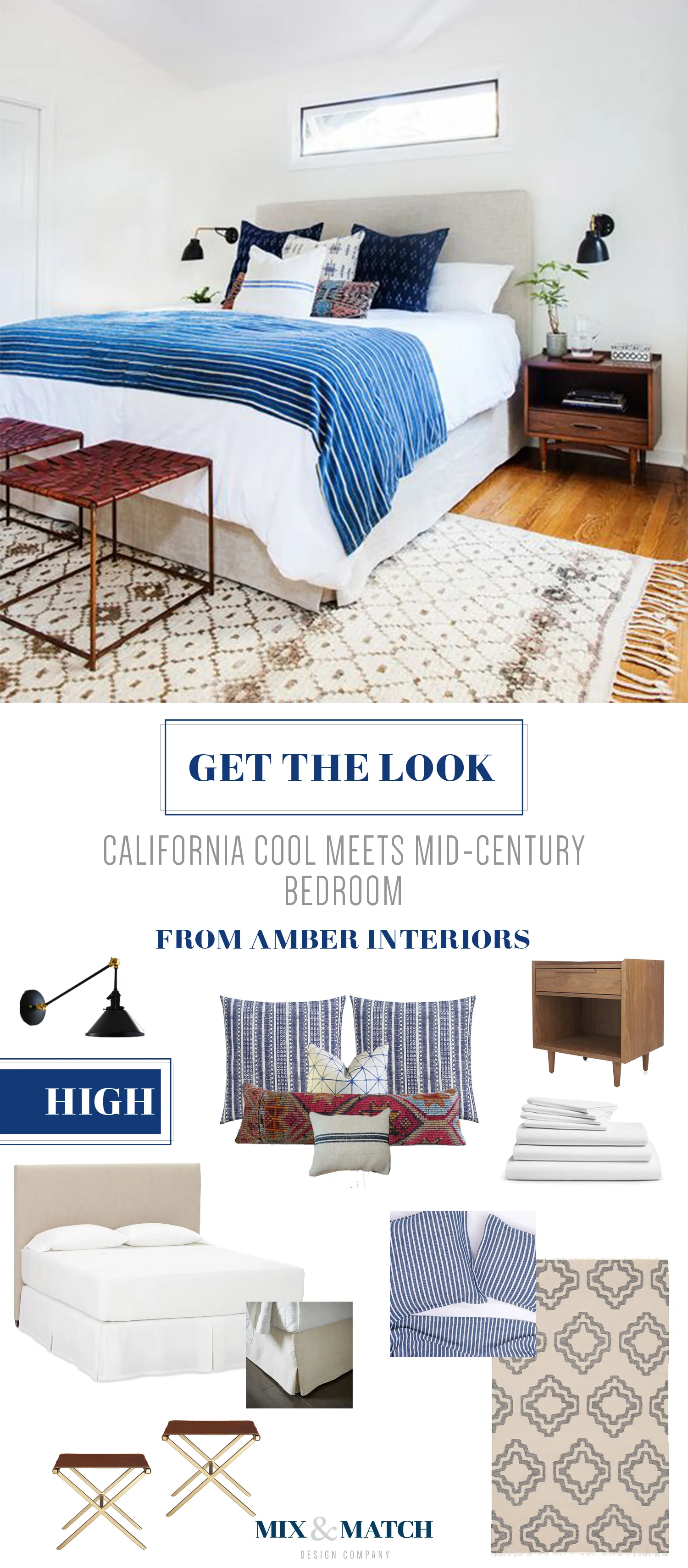 Get the look of this California cool meets mid-century bedroom from Amber Interiors. Indigo, shibori and neutrals come together to create a cozy space. Shop the pieces on the Mix & Match blog!