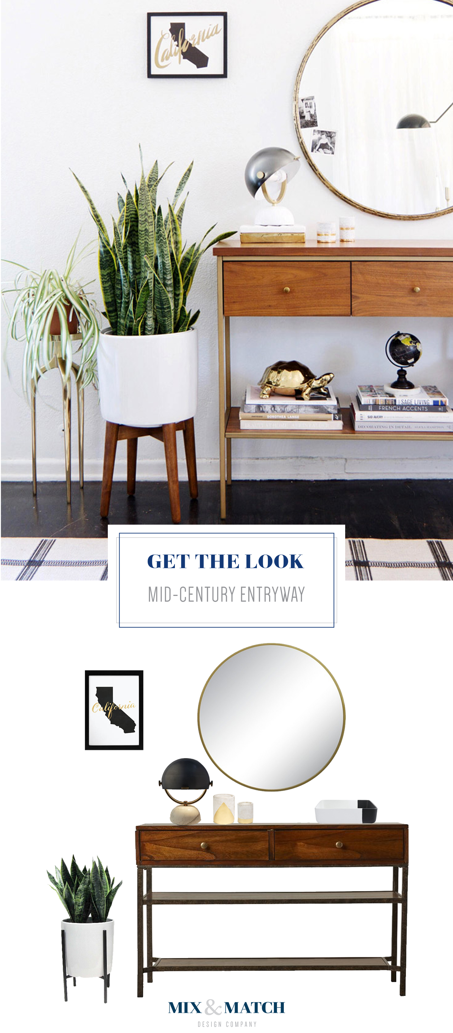 Get the look of this mid-century inspired entryway. Pair a console table with a round mirror, and add a few accessories to finish the look!