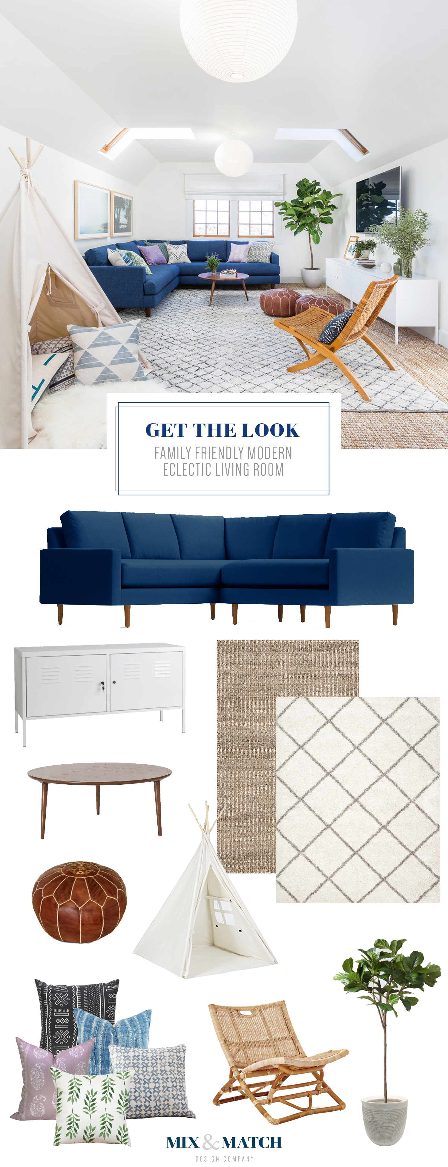 Want to know all the sources to get the look of this family friendly modern eclectic living room? Head to the blog! // Modern eclectic living room, modern living room, blue sofa, kid-friendly living room
