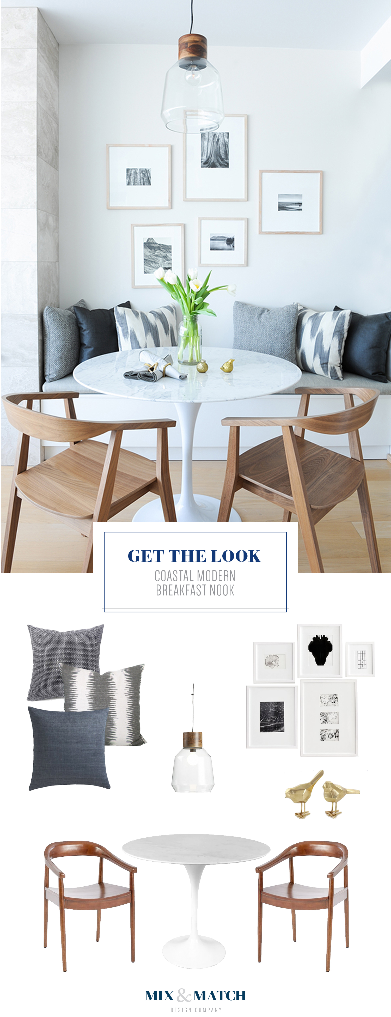 Get the look of this coastal modern breakfast nook designed by Shift Interiors. // Breakfast nook, modern breakfast nook, tulip table, marble top table, mid-century modern dining