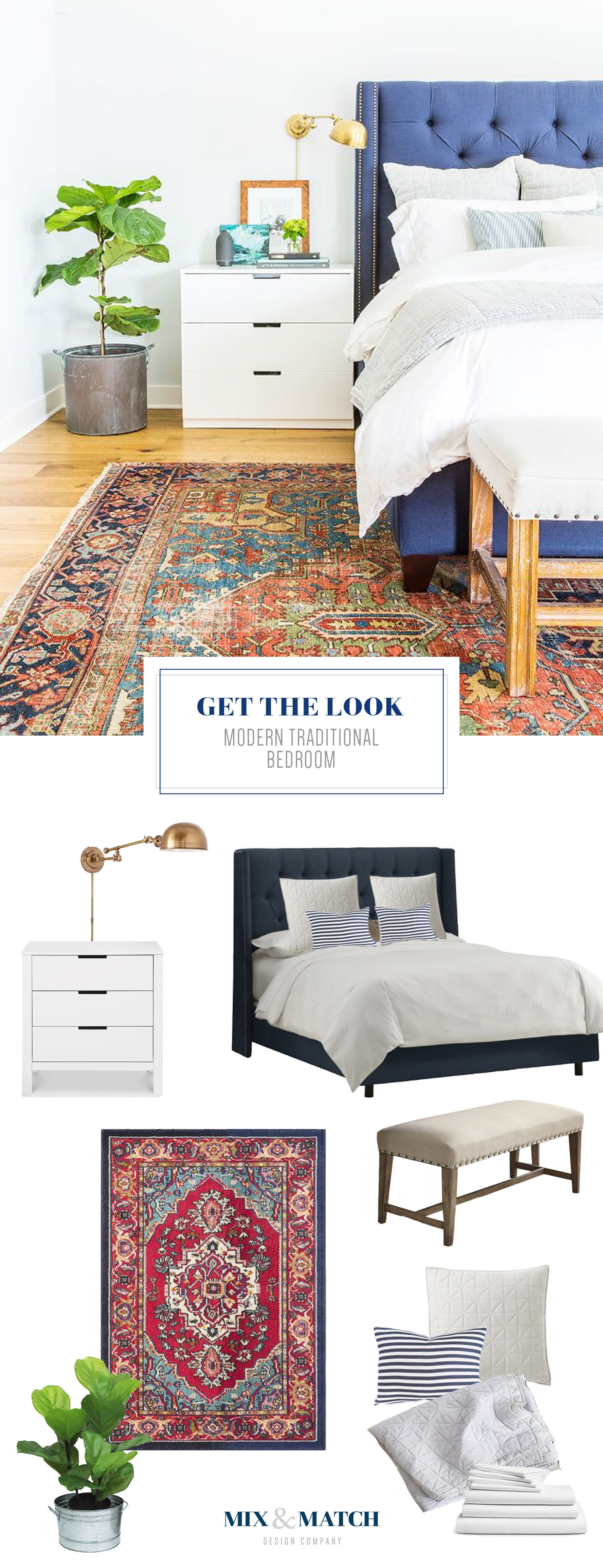 Get the look of this modern traditional bedroom on the blog! // persian rug bedroom, fiddle leaf fig, neutral bedroom, upholstered bed, upholstered headboard