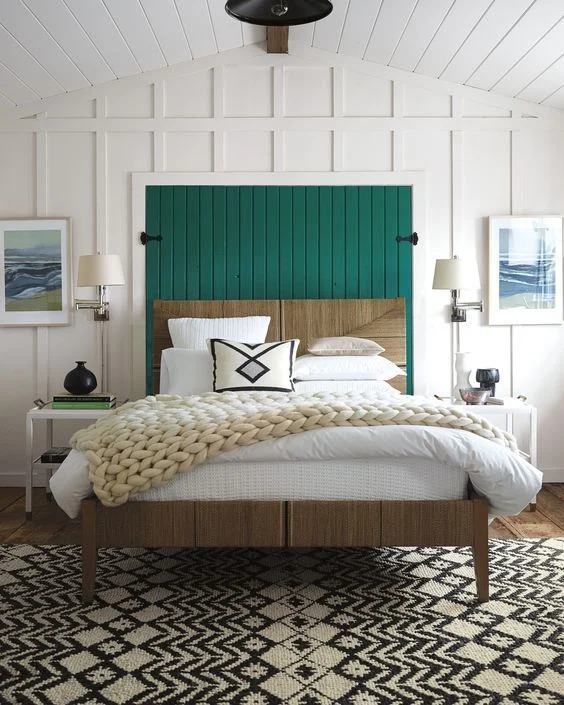How to decorate around a bed. Example: Add art on either side of the bed. (Design: Serena and Lilly) // coastal bedroom, art above nightstands, eclectic bedroom.