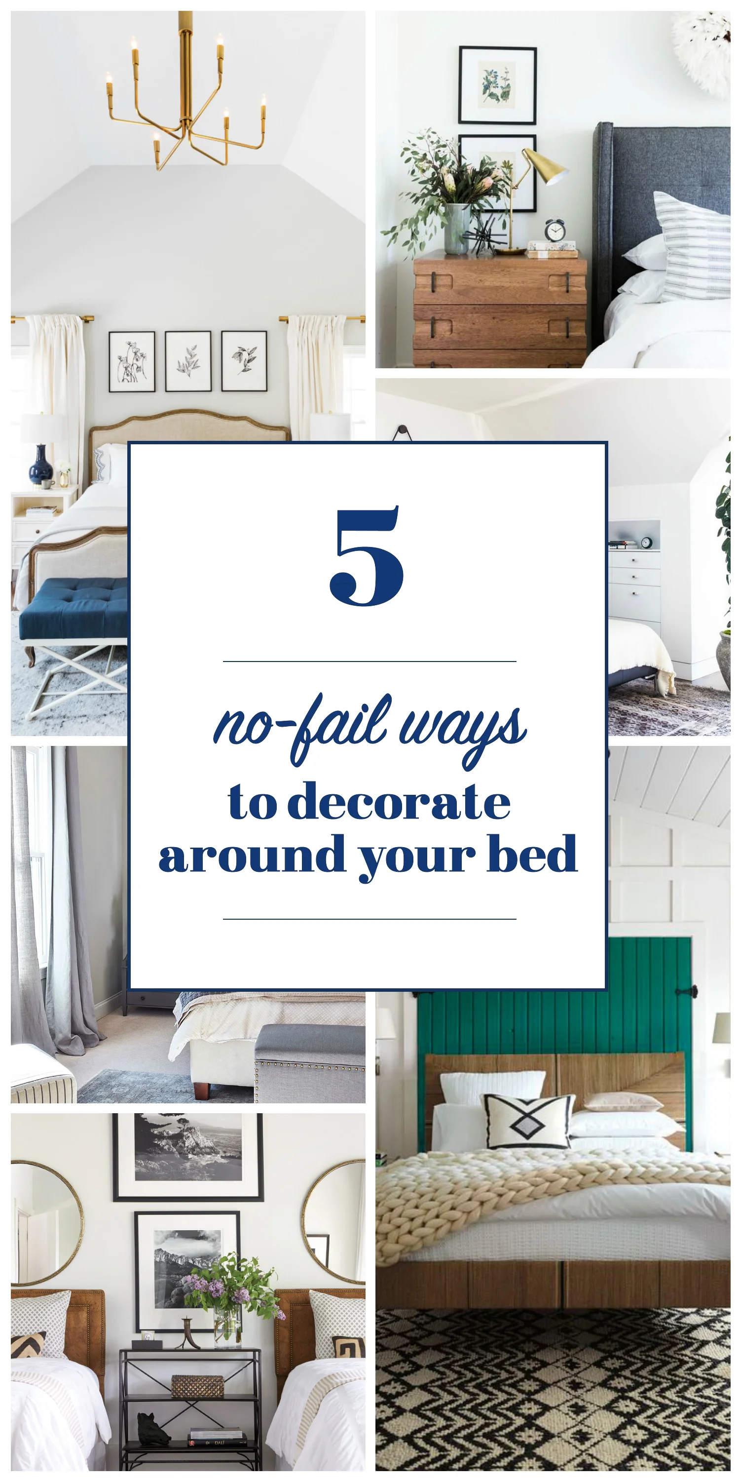 Discover five no-fail ways to decorate around a bed. // art above bed, mirrors above bed, art above nightstands, mirrors above bedside tables