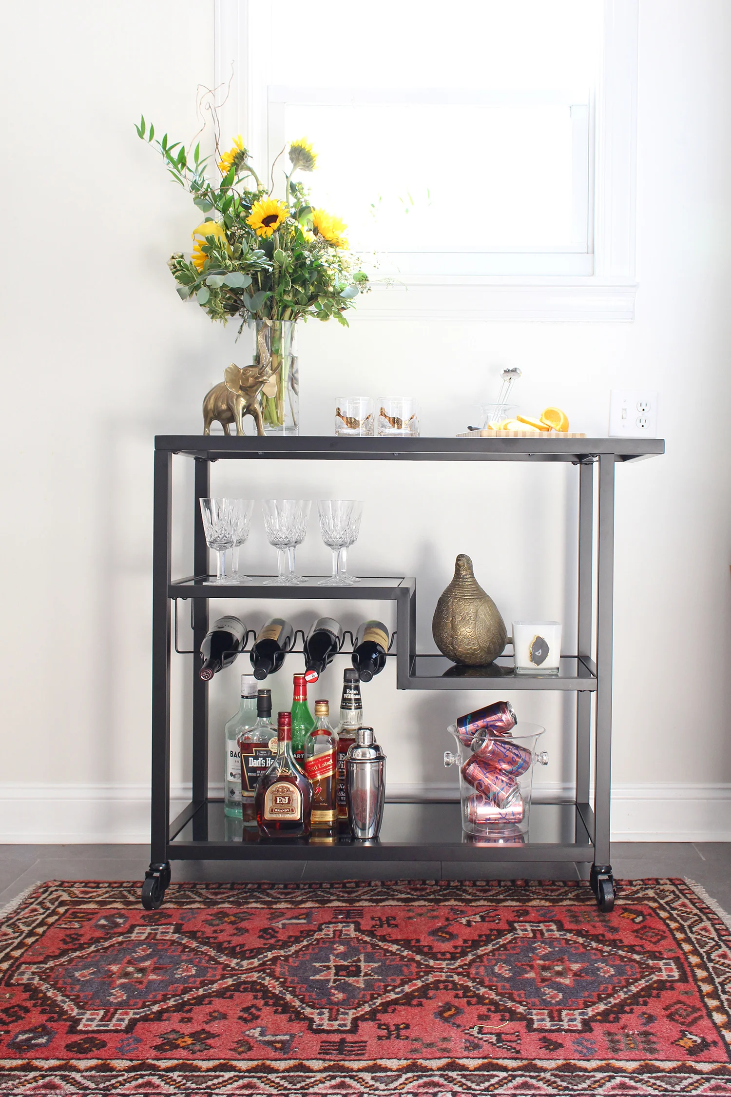 Bar carts are incredibly versatile! Style it up as a traditional drink station or use it in your bedroom for accessories. See both on the Mix & Match blog! // bar cart uses, bar cart setup, ways to use a bar cart