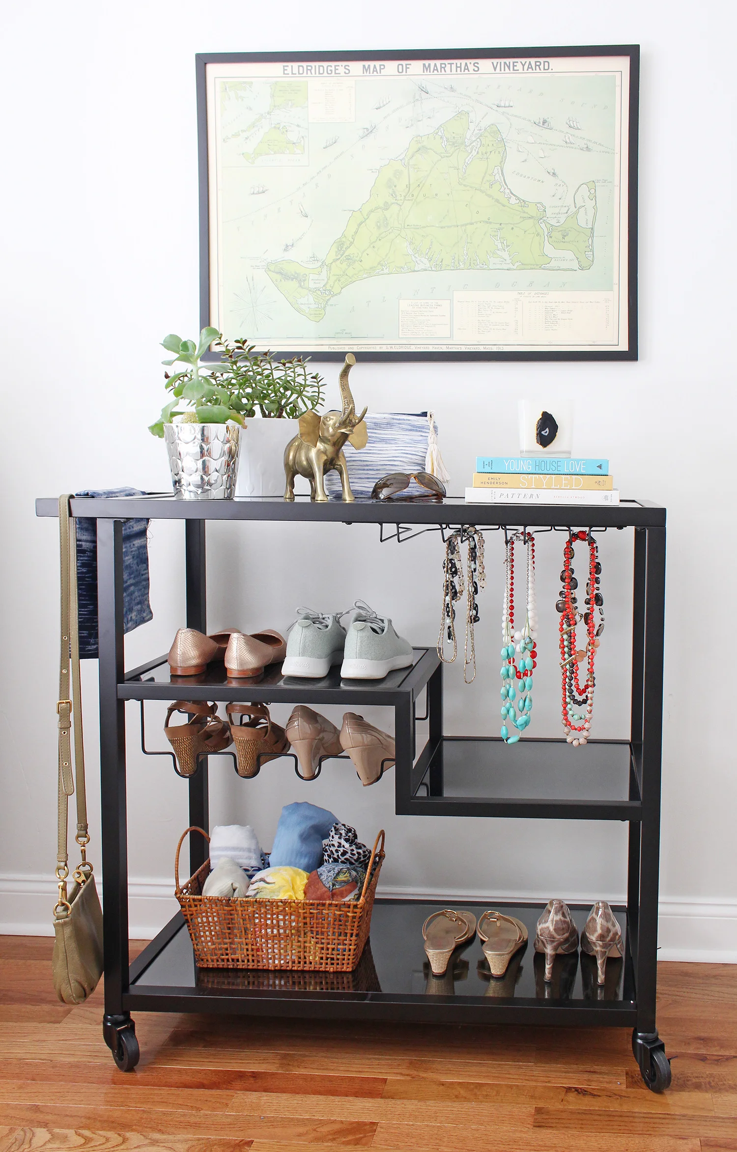 Bar carts are incredibly versatile! Style it up as a traditional drink station or use it in your bedroom for accessories. See both on the Mix & Match blog! // bar cart uses, bar cart setup, ways to use a bar cart, creative uses for a bar cart